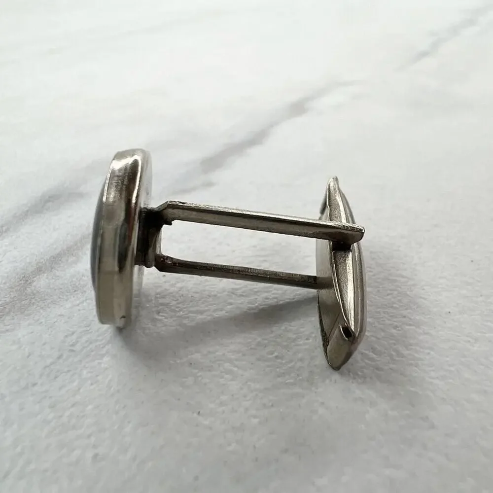 Vintage Silver Tone and Black Round Single Cufflink